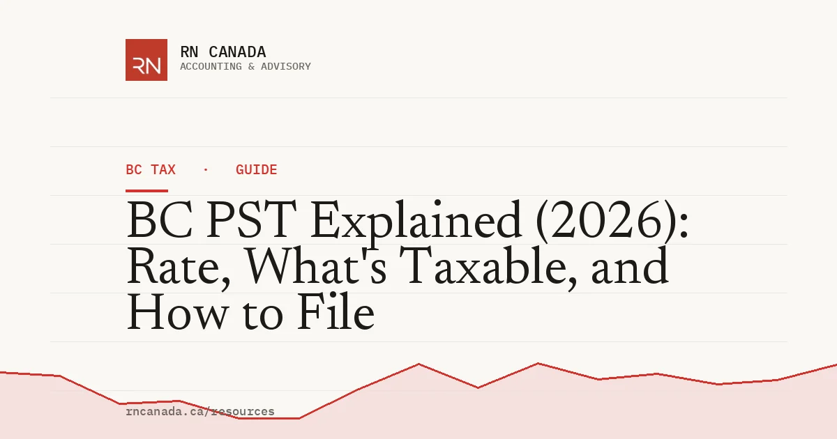 Illustrated cover for the RN Canada bc tax guide "BC PST Explained (2026): Rate, What's Taxable, and How to File", with a finance chart motif