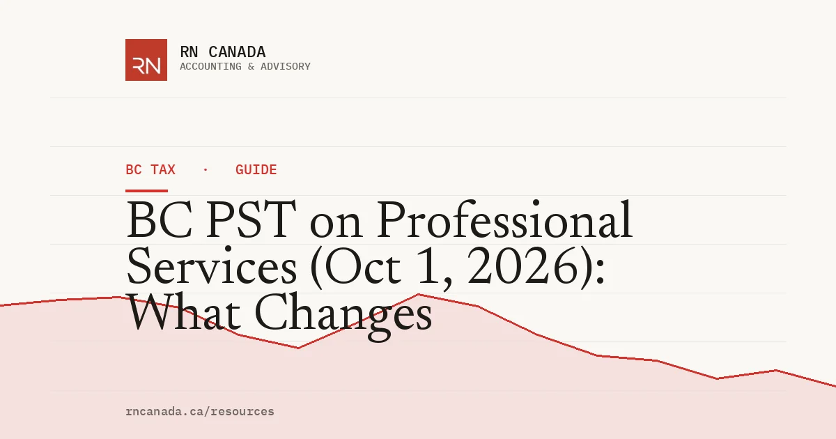 Illustrated cover for the RN Canada bc tax guide "BC PST on Professional Services (Oct 1, 2026): What Changes", with a finance chart motif