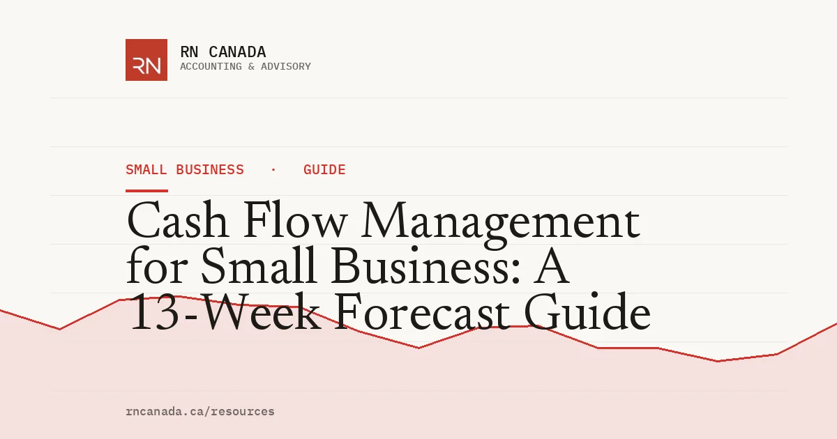 Illustrated cover for the RN Canada small business guide "Cash Flow Management for Small Business: A 13-Week Forecast Guide", with a finance chart motif