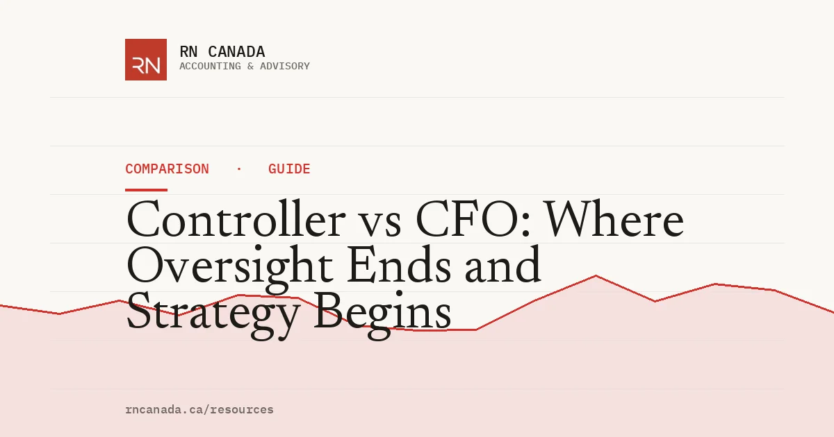 Illustrated cover for the RN Canada comparison guide "Controller vs CFO: Where Oversight Ends and Strategy Begins", with a finance chart motif