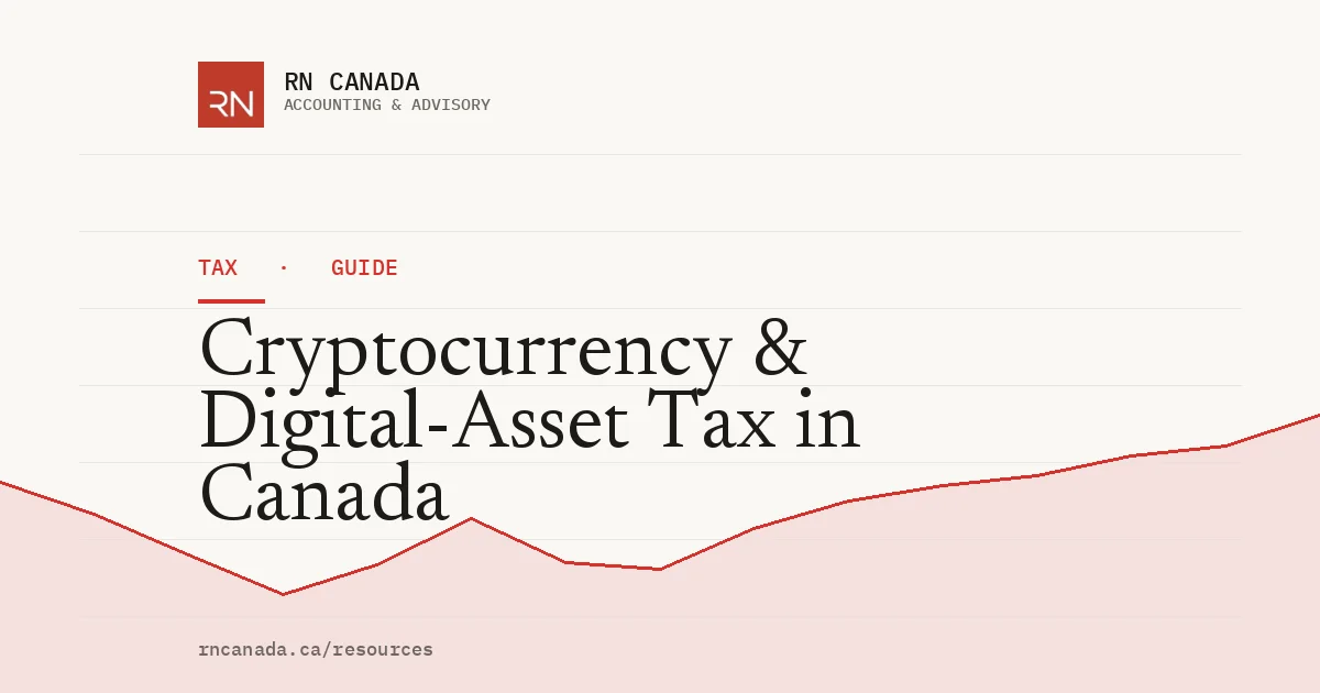 Illustrated cover for the RN Canada tax guide "Cryptocurrency & Digital-Asset Tax in Canada", with a finance chart motif