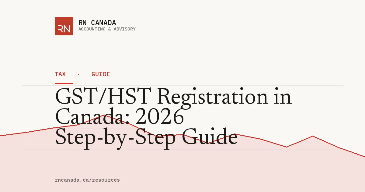 Illustrated cover for the RN Canada tax guide "GST/HST Registration in Canada: 2026 Step-by-Step Guide", with a finance chart motif