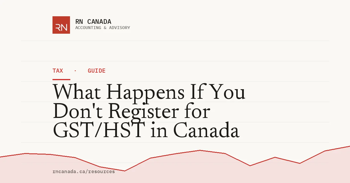 Illustrated cover for the RN Canada tax guide "What Happens If You Don't Register for GST/HST in Canada", with a finance chart motif