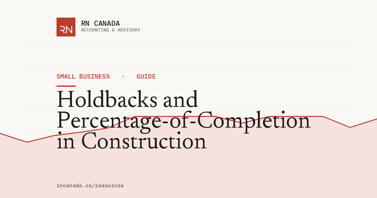 Illustrated cover for the RN Canada small business guide "Holdbacks and Percentage-of-Completion in Construction", with a finance chart motif