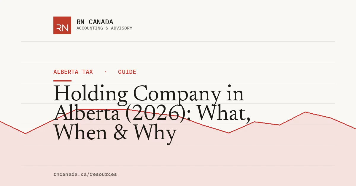 Illustrated cover for the RN Canada alberta tax guide "Holding Company in Alberta (2026): What, When & Why", with a finance chart motif