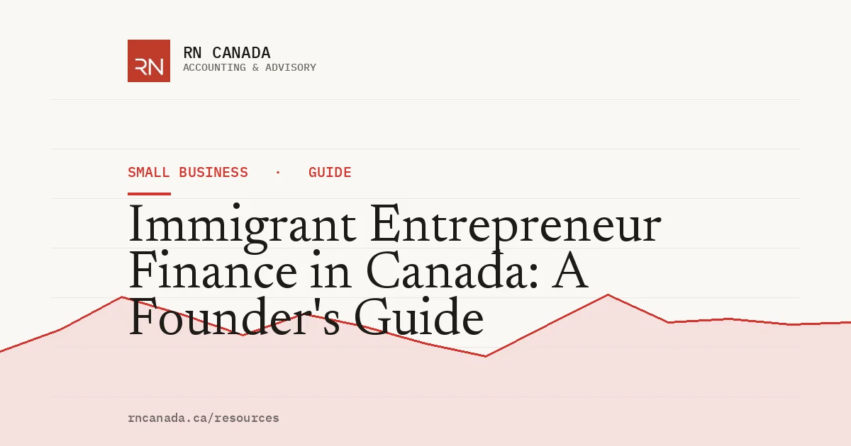 Illustrated cover for the RN Canada small business guide "Immigrant Entrepreneur Finance in Canada: A Founder's Guide", with a finance chart motif