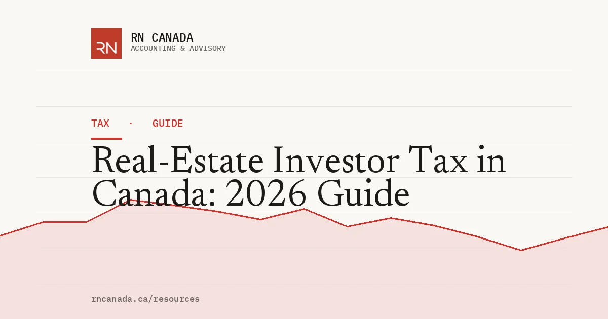 Illustrated cover for the RN Canada tax guide "Real-Estate Investor Tax in Canada: 2026 Guide", with a finance chart motif