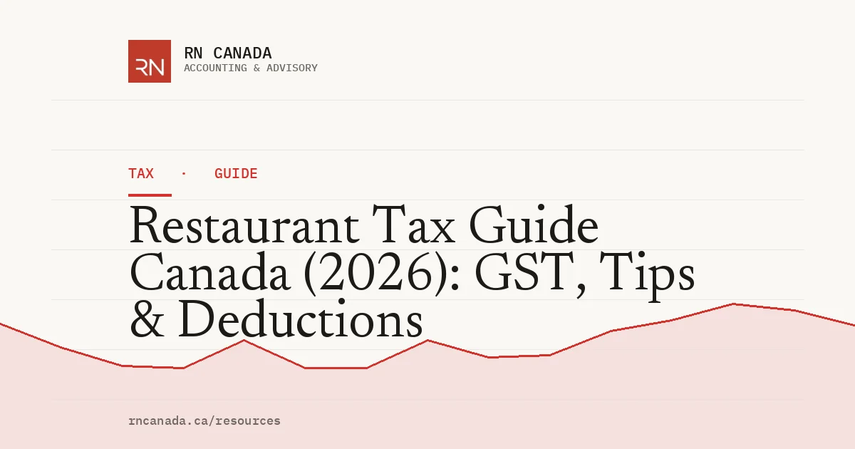 Illustrated cover for the RN Canada tax guide "Restaurant Tax Guide Canada (2026): GST, Tips & Deductions", with a finance chart motif