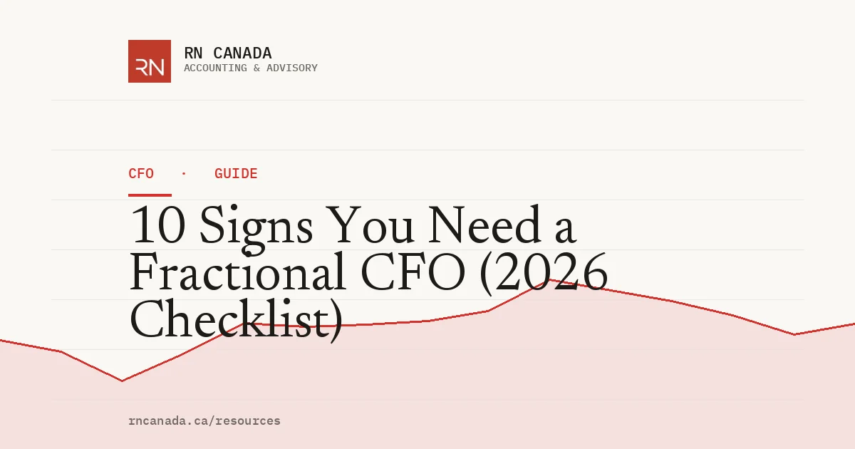 Illustrated cover for the RN Canada cfo guide "10 Signs You Need a Fractional CFO (2026 Checklist)", with a finance chart motif