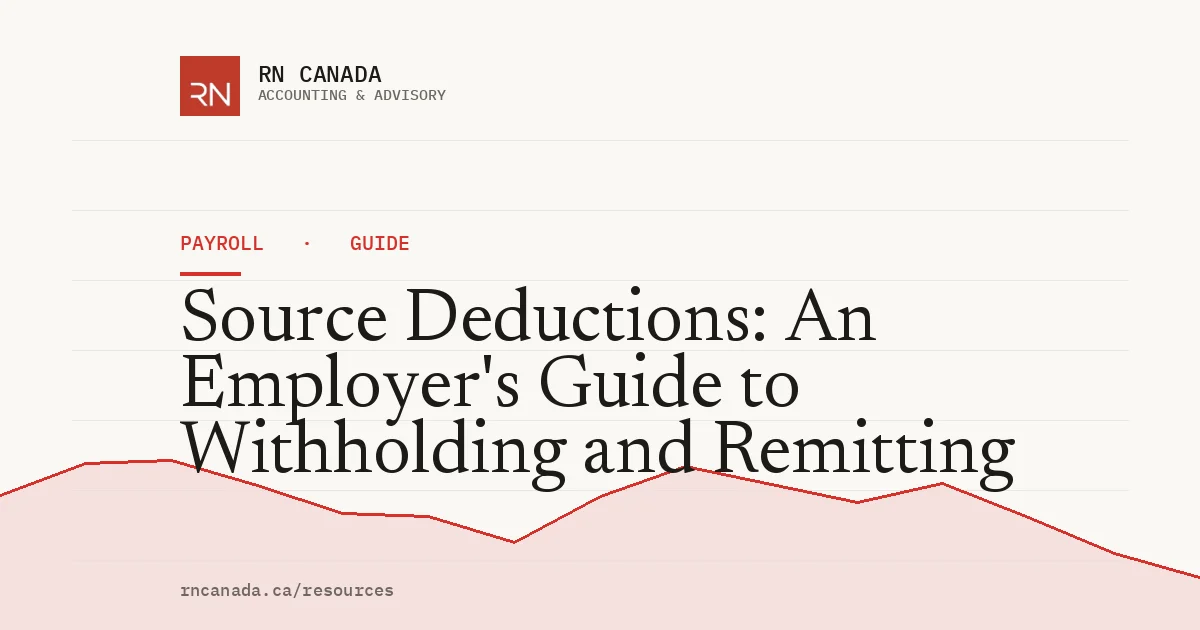 Illustrated cover for the RN Canada payroll guide "Source Deductions: An Employer's Guide to Withholding and Remitting", with a finance chart motif