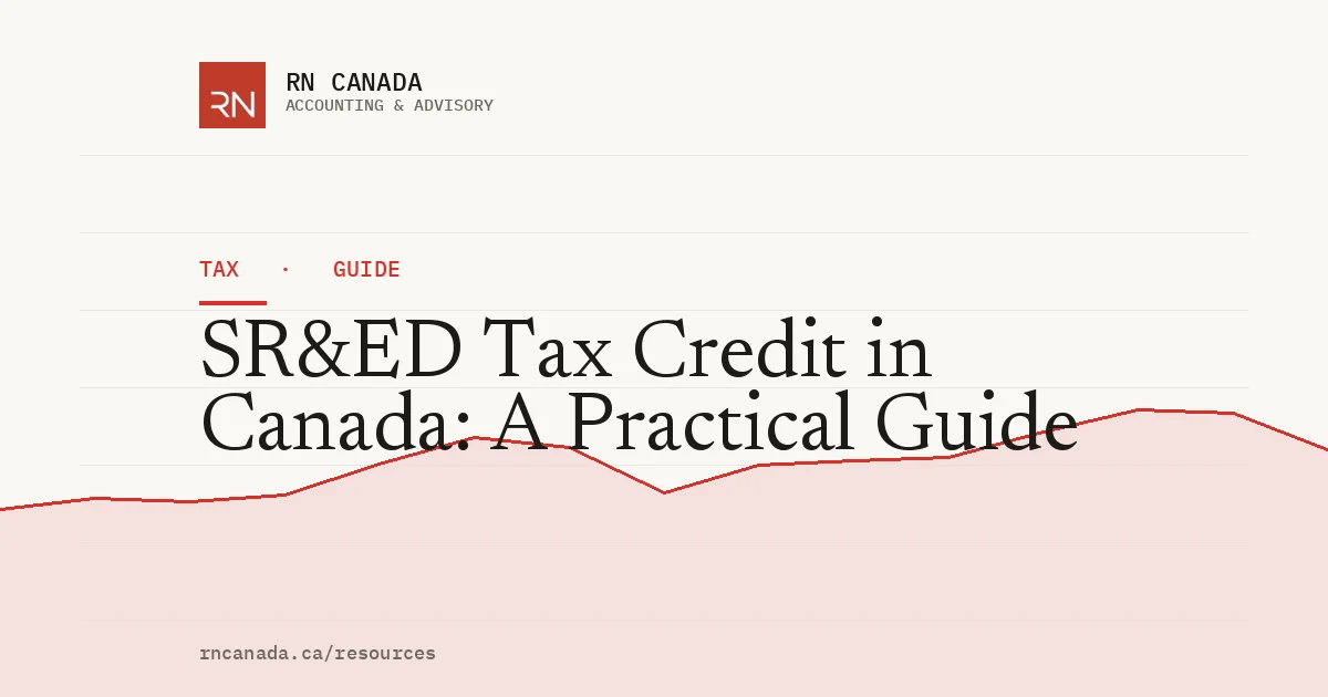 Illustrated cover for the RN Canada tax guide "SR&ED Tax Credit in Canada: A Practical Guide", with a finance chart motif