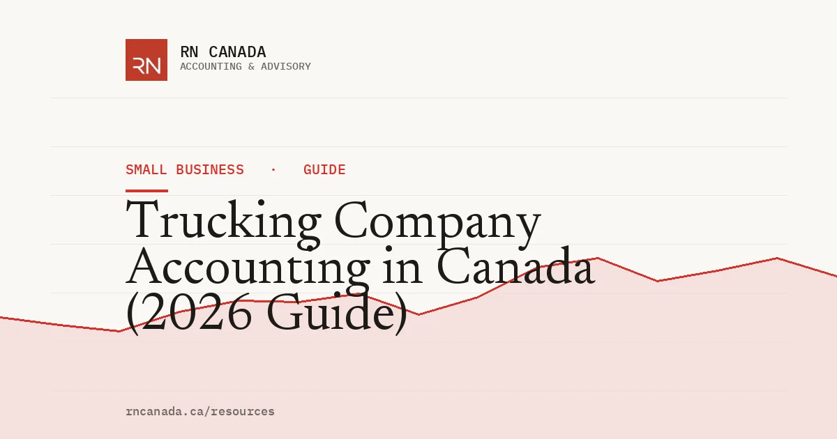 Illustrated cover for the RN Canada small business guide "Trucking Company Accounting in Canada (2026 Guide)", with a finance chart motif