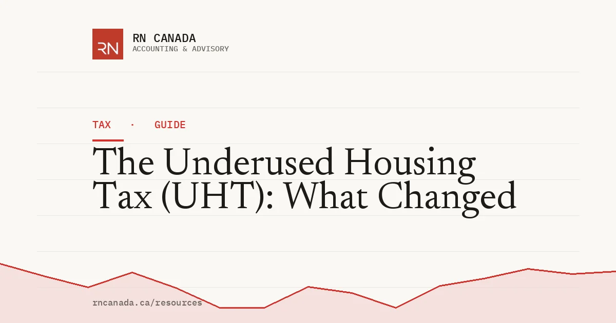 Illustrated cover for the RN Canada tax guide "The Underused Housing Tax (UHT): What Changed", with a finance chart motif