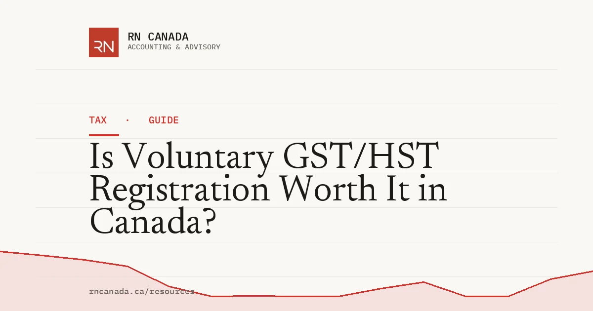 Illustrated cover for the RN Canada tax guide "Is Voluntary GST/HST Registration Worth It in Canada?", with a finance chart motif
