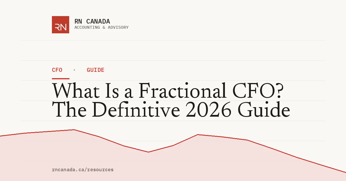 Illustrated cover for the RN Canada cfo guide "What Is a Fractional CFO? The Definitive 2026 Guide", with a finance chart motif
